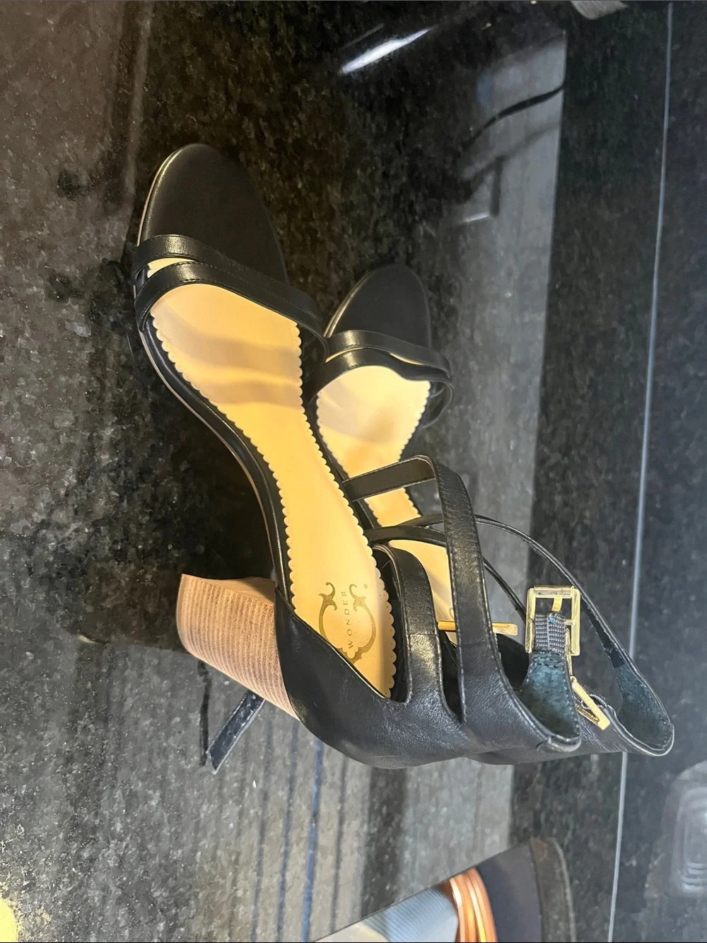 Black Leather Women's Strappy Ankle-Heel Sandals